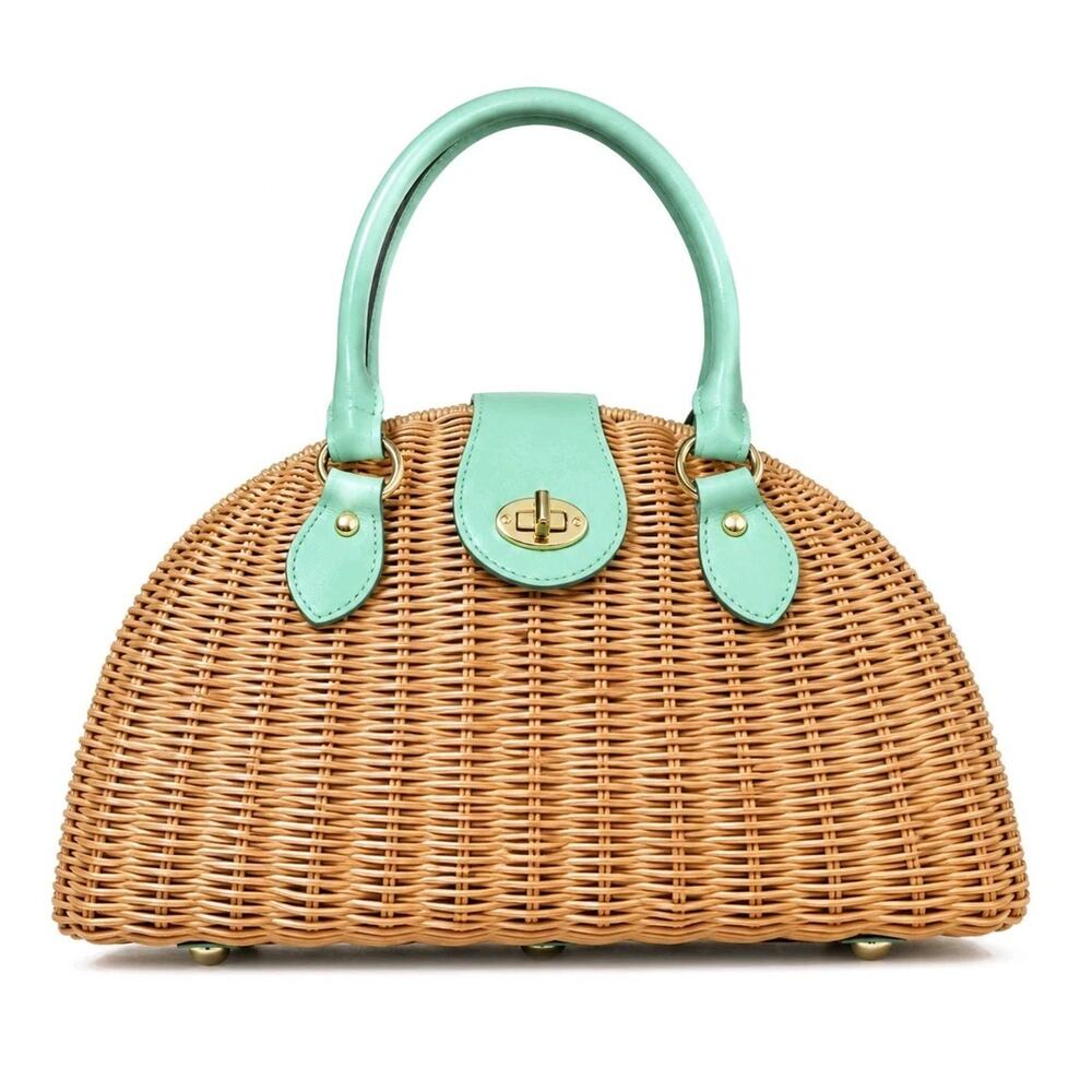 Banana Republic Wicker Rattan Handbag Mint Green Leather Summer Purse Boho Bag